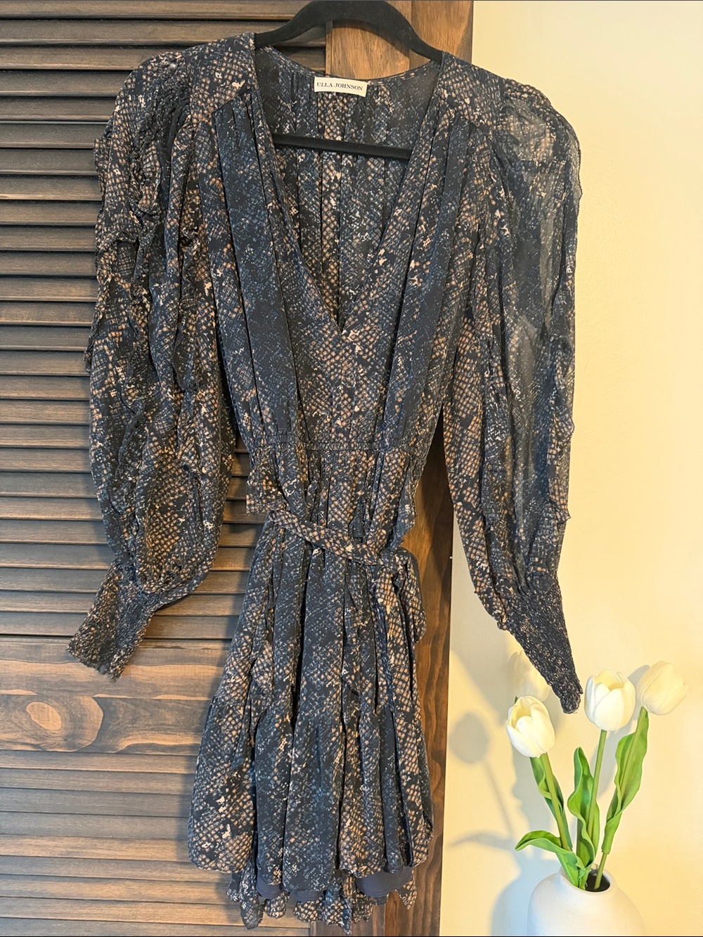 Ulla Johnson Navy and Taupe Snake-Print Wrap Mini Dress